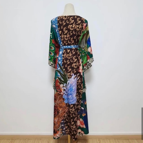 Bohemian Colorful Peacock Dragon Kimono Duster w/Sash Tie festival kaftan dress - Picture 7 of 8